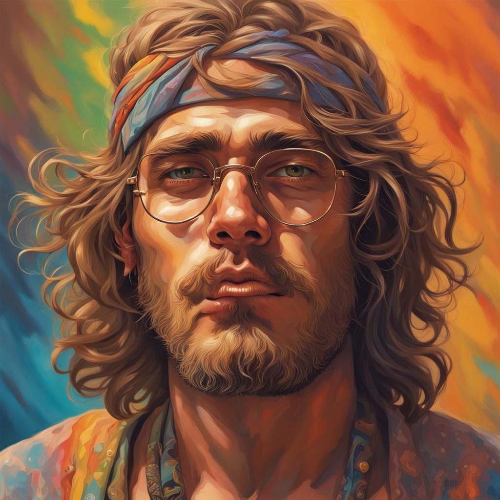 Portrait of a hippie guy Hyperrealistic, splash art, concept...