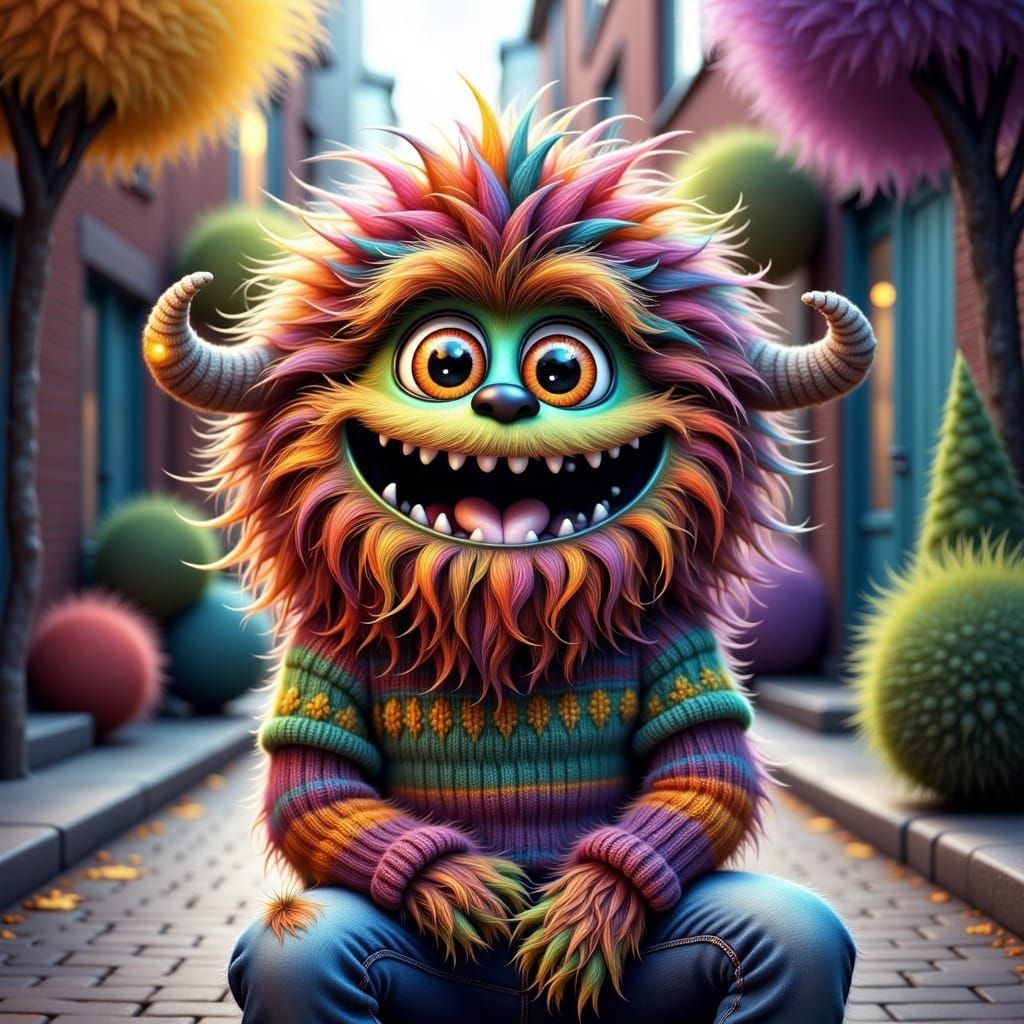 An cute happy very hairy Monster wearing a cozy sweater, toque & rollerblading, <lora:Flux Furry Fantasy:1.0> soft focus, Octane Render, Beh...