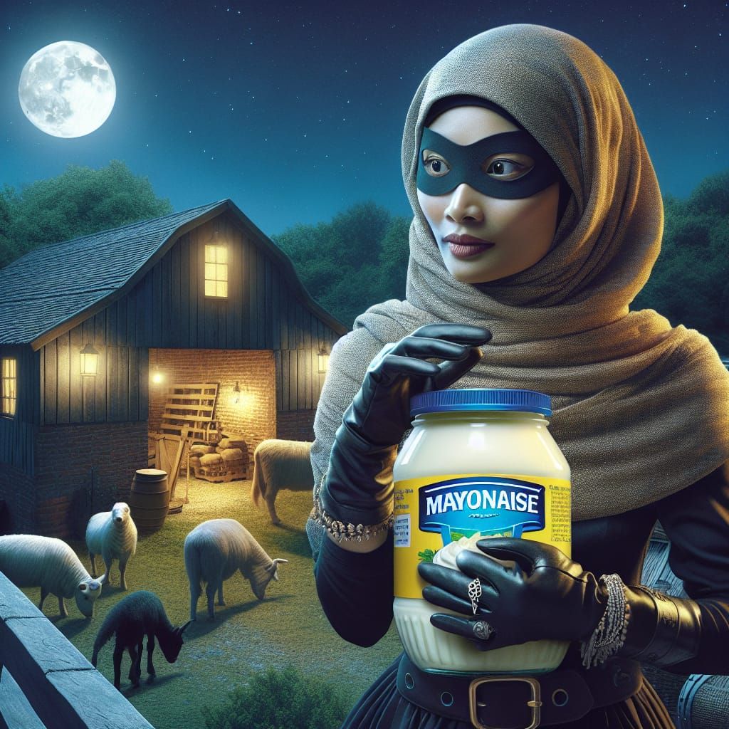 lady thief stealing mayonnaise from a farm in the middle of ...