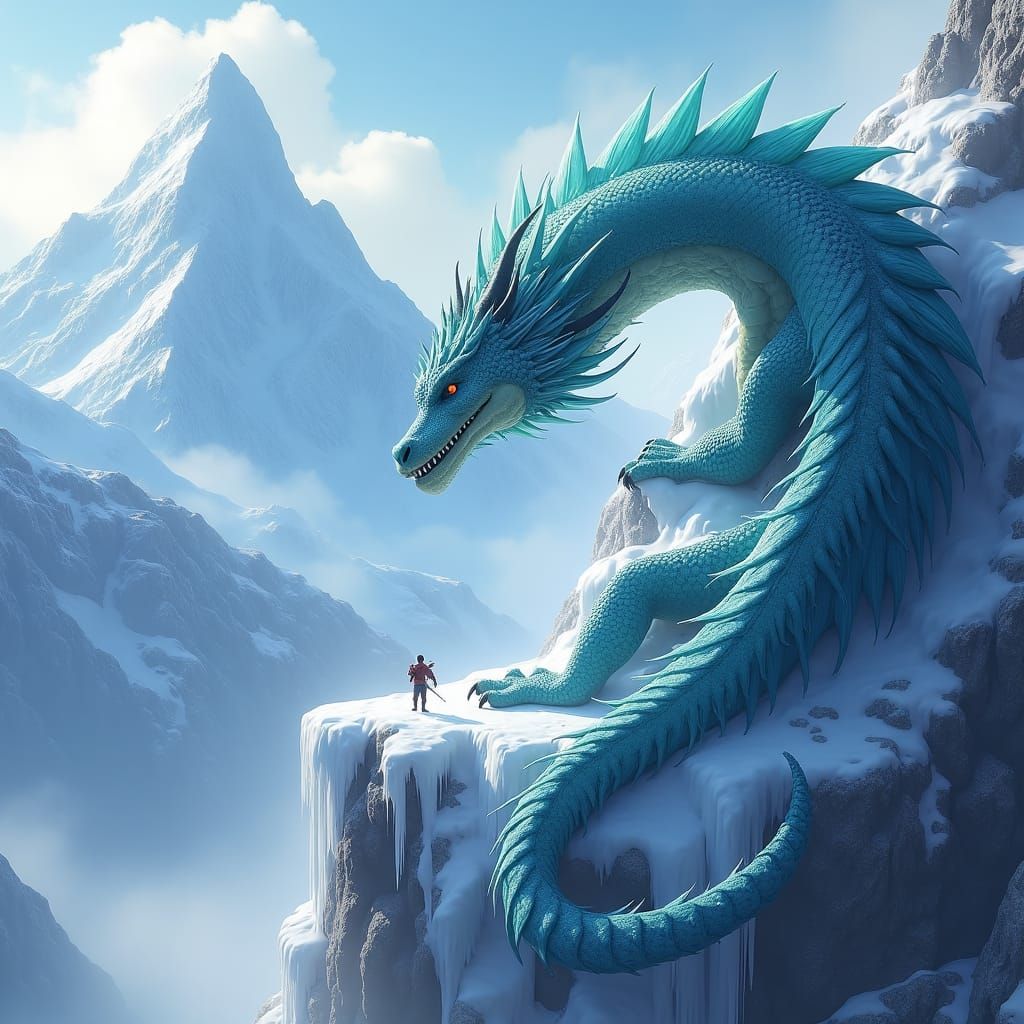 Icy Dragon Overlooks Frozen Landscape as Concept Art