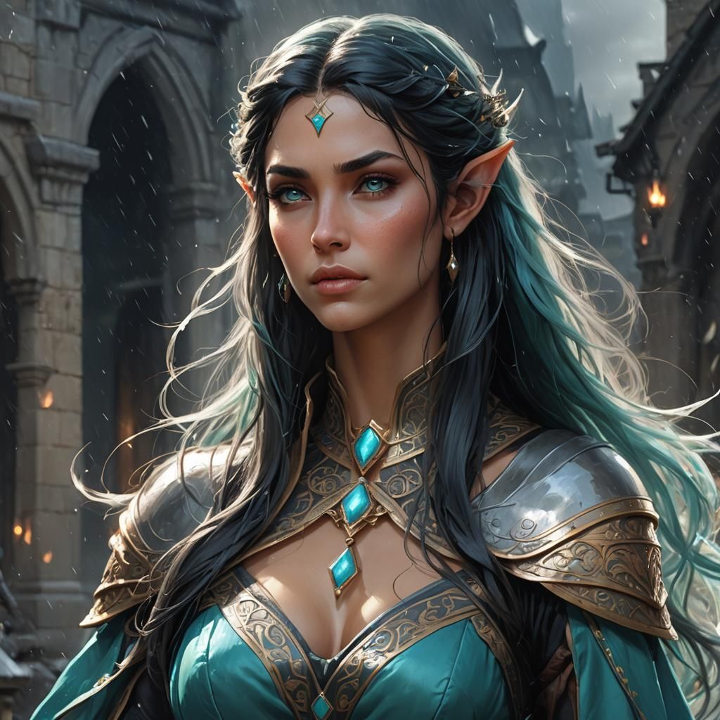 An elf princess with light skin, straight black hair and turquoise eyes ...