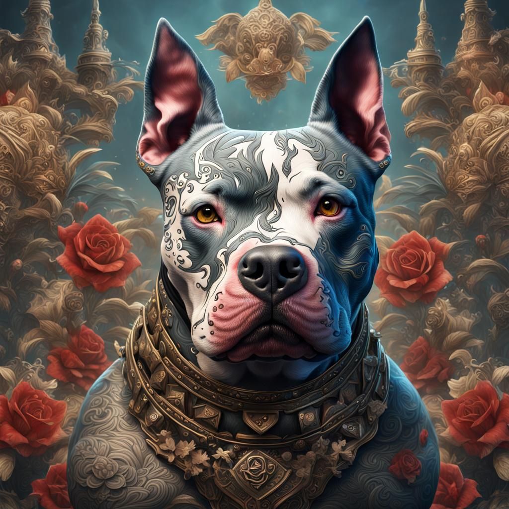 "Pit bull dog covered in tattoos"