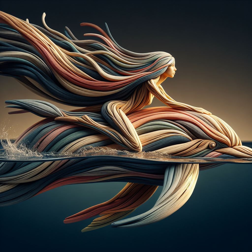 a girl swimming on a dolphin