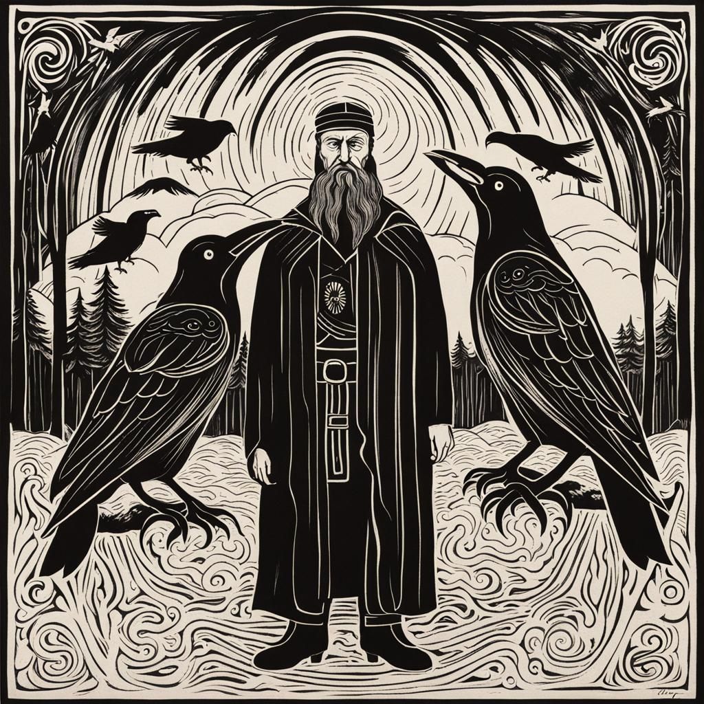 Edvard Munch Style: Odin with his two ravens Hugin and Munin III - AI ...