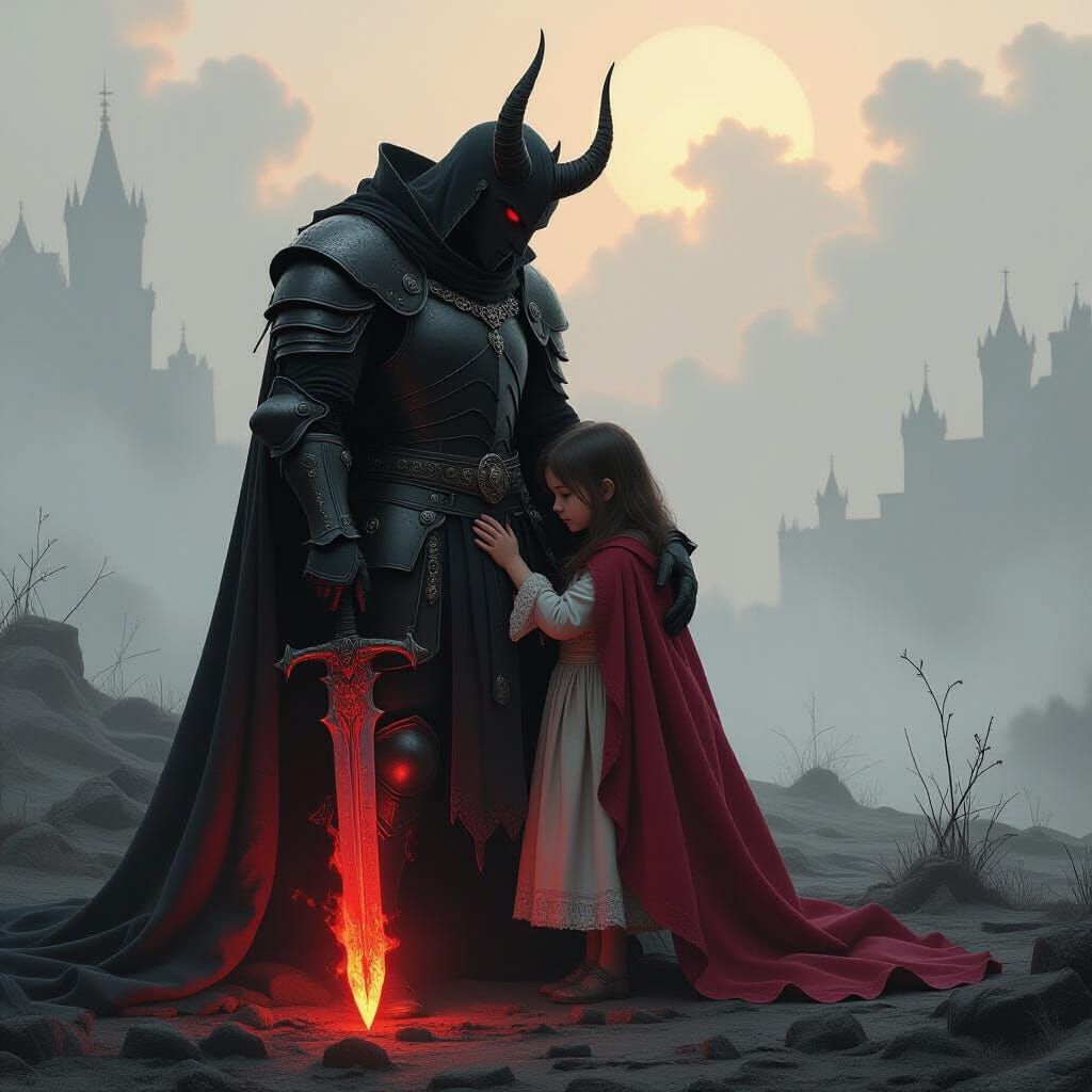 on the wastelands of the hellish plain stands a demon, with a fiery sword, with one hand he wraps in his cloak a little girl whom he protect...
