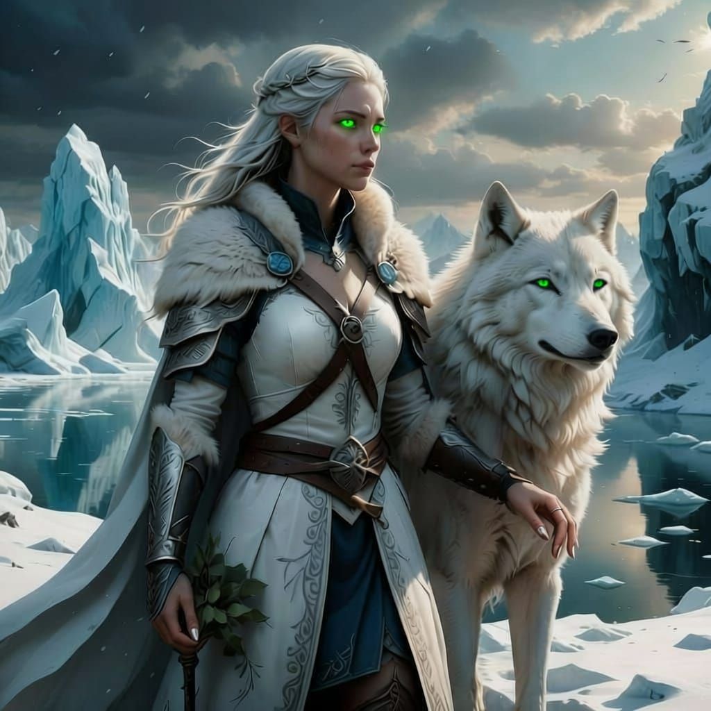 A huge, old, wise white wolf stands sniffing a timid sprout of greenery emerging from the snow. In the background stands a girl in furs, wit...