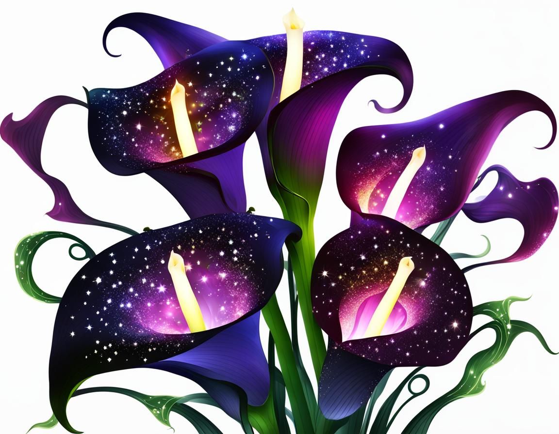 Bouquet of gothic calla lily, luminous, sparkles, nighttime,