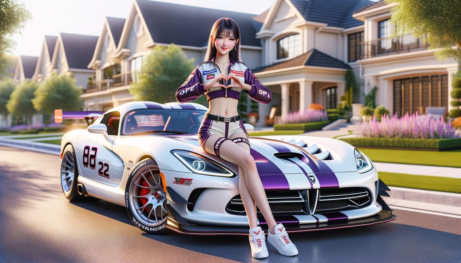 Dodge Viper and with a Beautiful Girl wearing a racing costume, complete with racing equipment