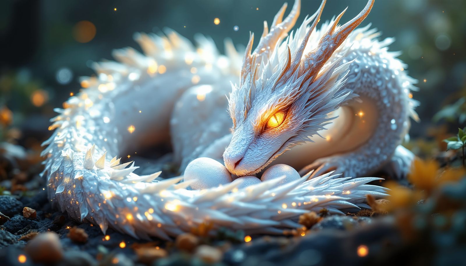 the magnificent sight of a mother dragon, manifested in a stunning white sparkle, with radiant, magical eyes. She's perc...