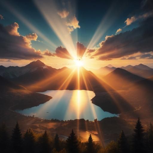 the sun is setting over a mountain lake, a photorealistic pa...
