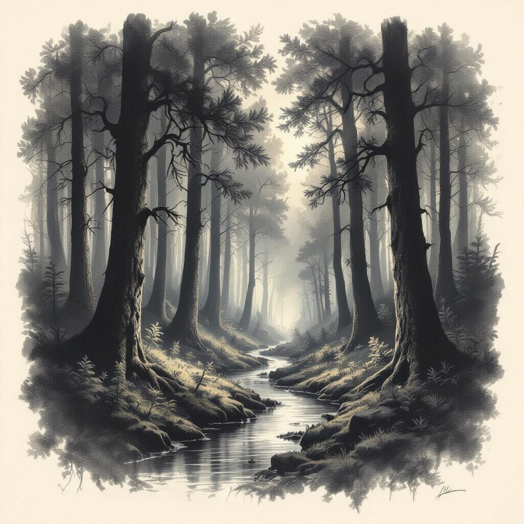 Dark Forest With Winding Stream Charcoal Drawing