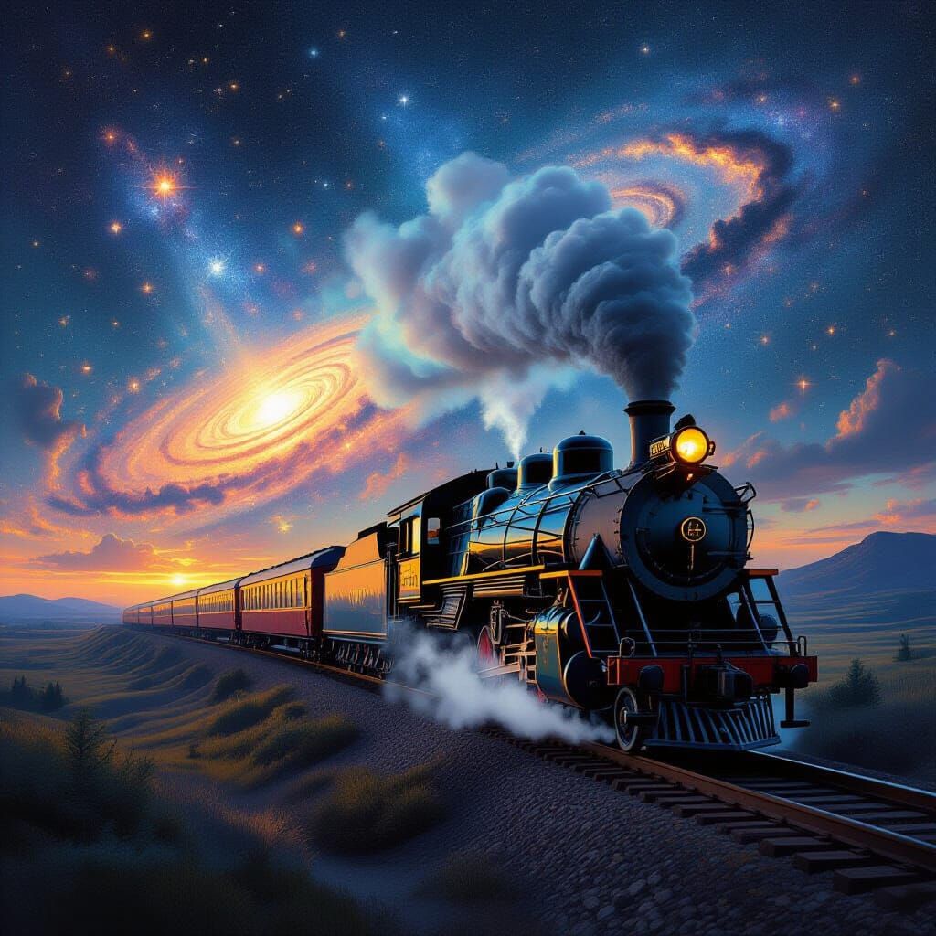 Cosmic Steam Train Journey Through Nebulas
