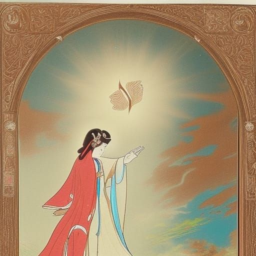 "a young beautiful princess-goddess opening a portal to heav...