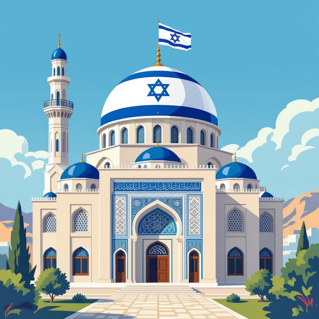 Blue and White Mosque with Israeli Flag