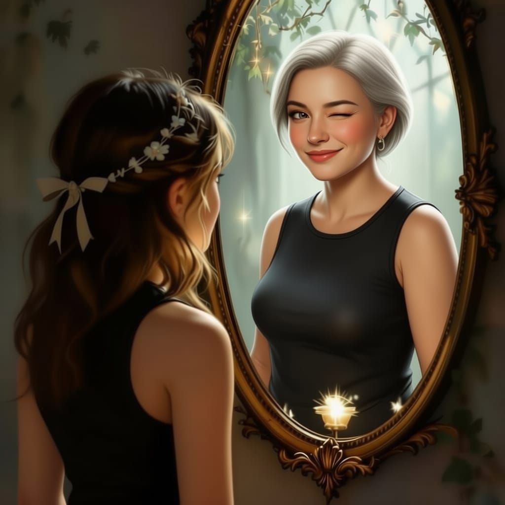an image of a plain young girl looking into the mirror and seeing the future of herself as a stunning beauty drop dead gorgeous and winking ...