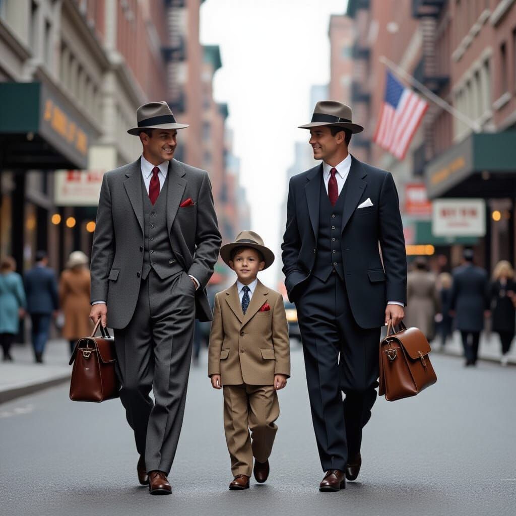 A father, son and grandfather walk down a street in 1950s New York City. Focus on the look and feel of ...  by @Bob