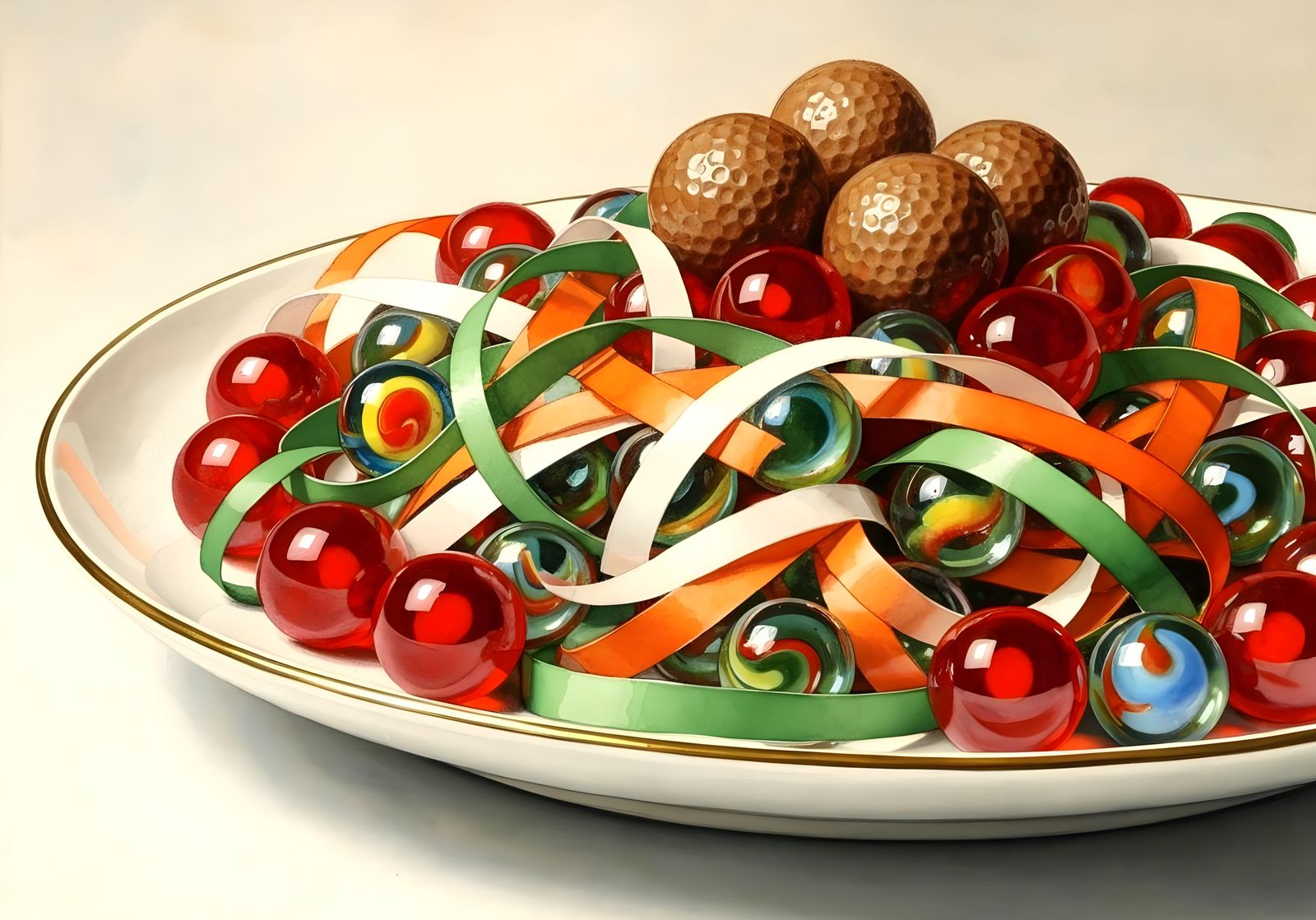 Pasta dish of gift-wrap ribbons, swirl marbles, golf balls   by @Gary Murakami