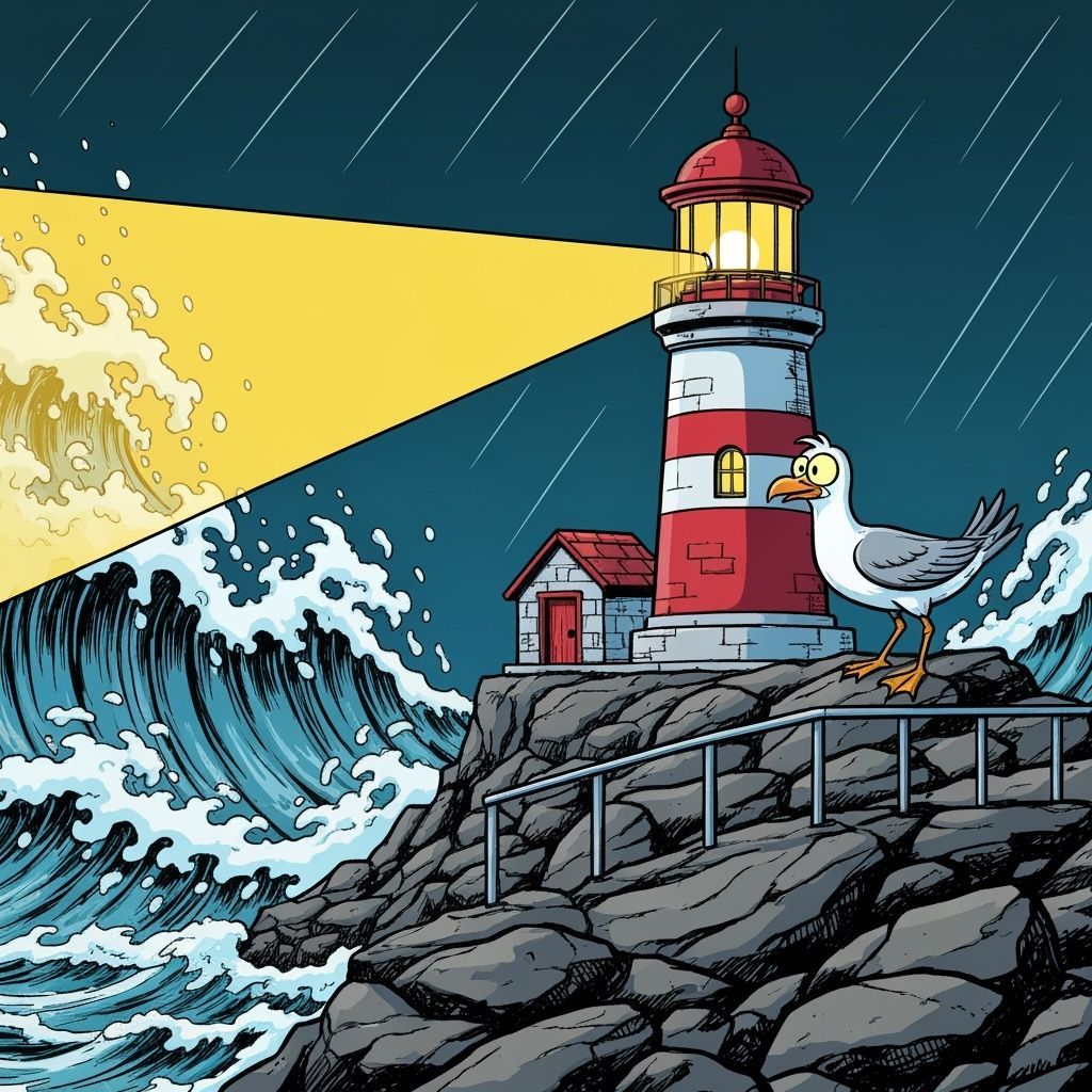 A cartoon lighthouse perched on a rocky outcrop, its beam shining brightly through a stormy night. The ...  by @Patsy 