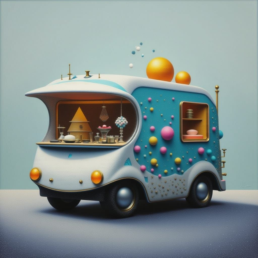 <lora:COSMIC SNOW:1.0> Futuristic food truck