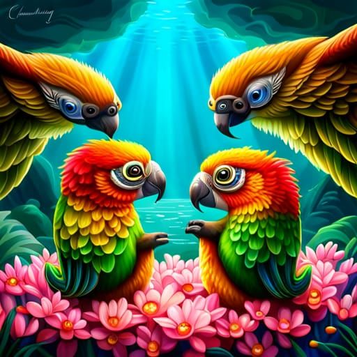 Cute Conure Cubs Play in Bioluminescent Pool
