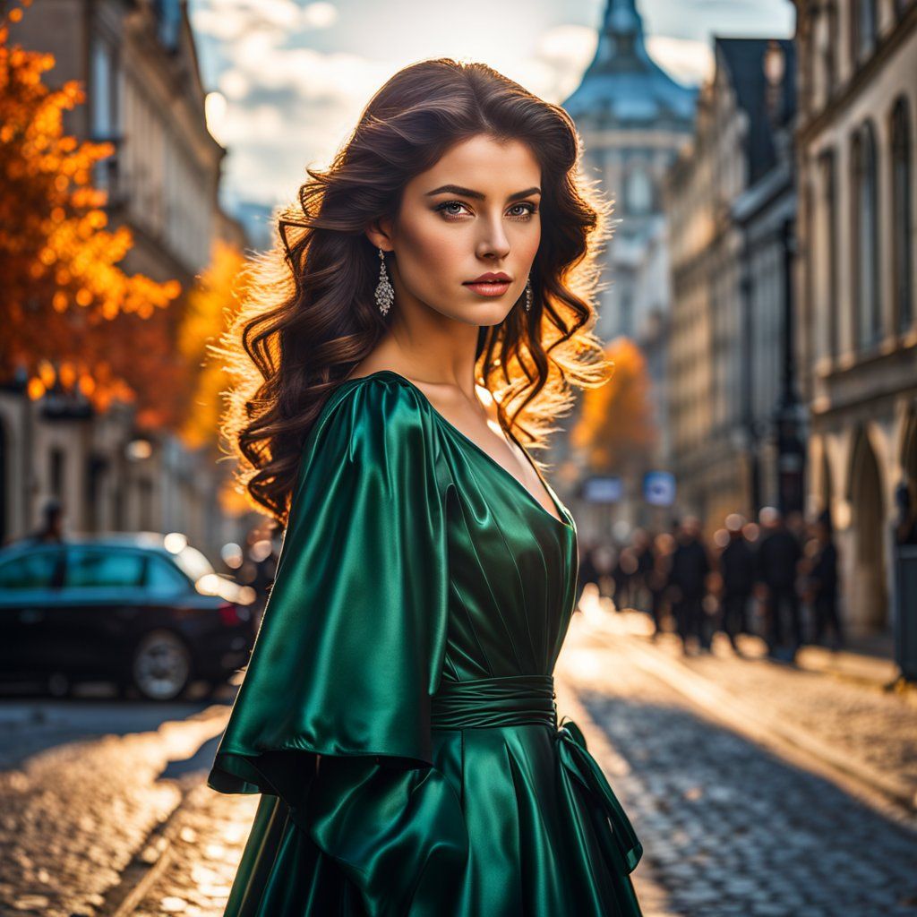 Portrait of beauty brunette girl in green dress