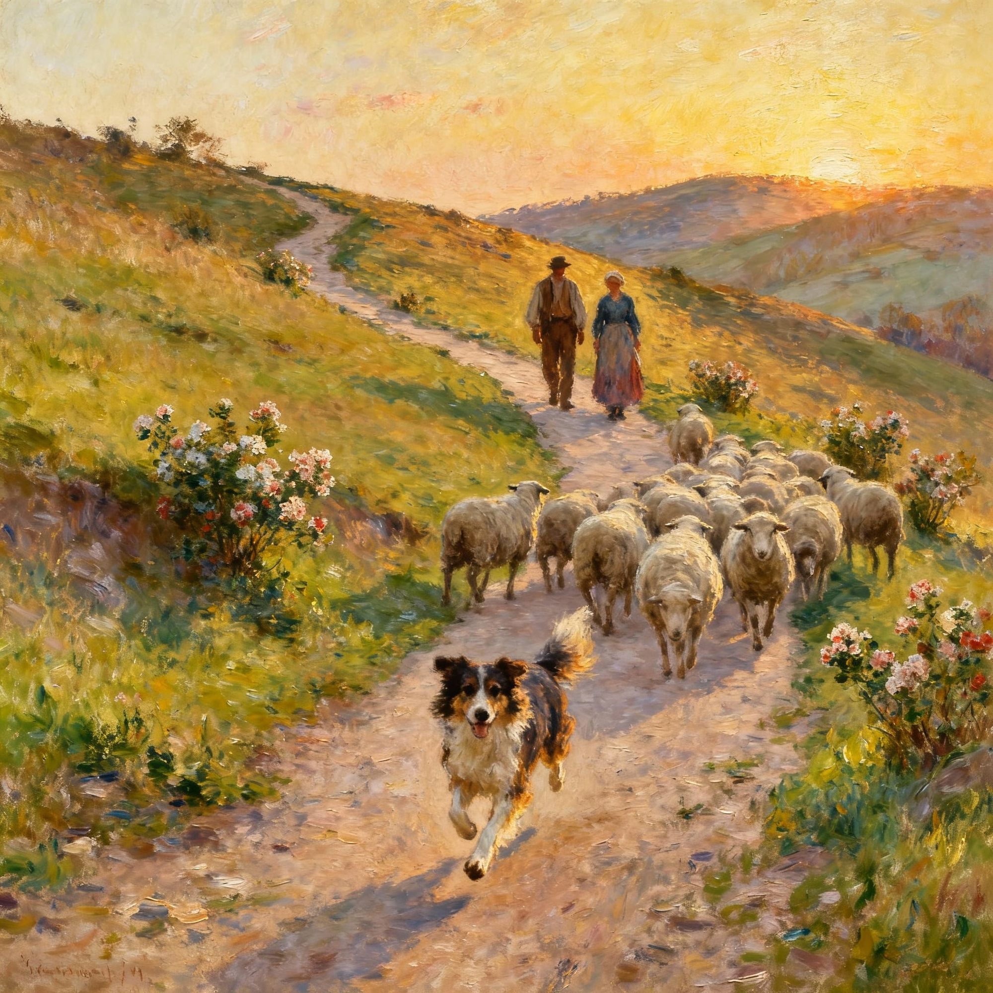 Create a detailed oil painting in the style of Claude Monet, capturing an early evening scene.The composition should feature a peasant man a...