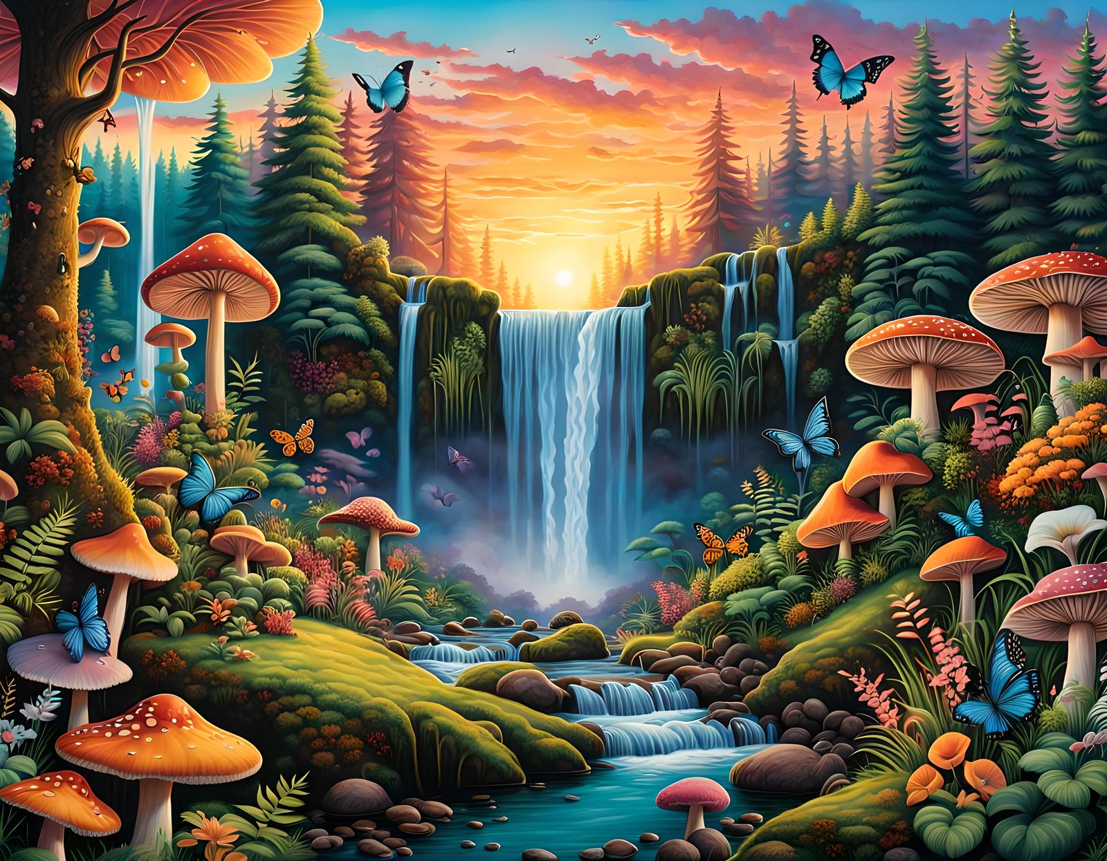 Hidden Forest Waterfall Panorama at Sunset