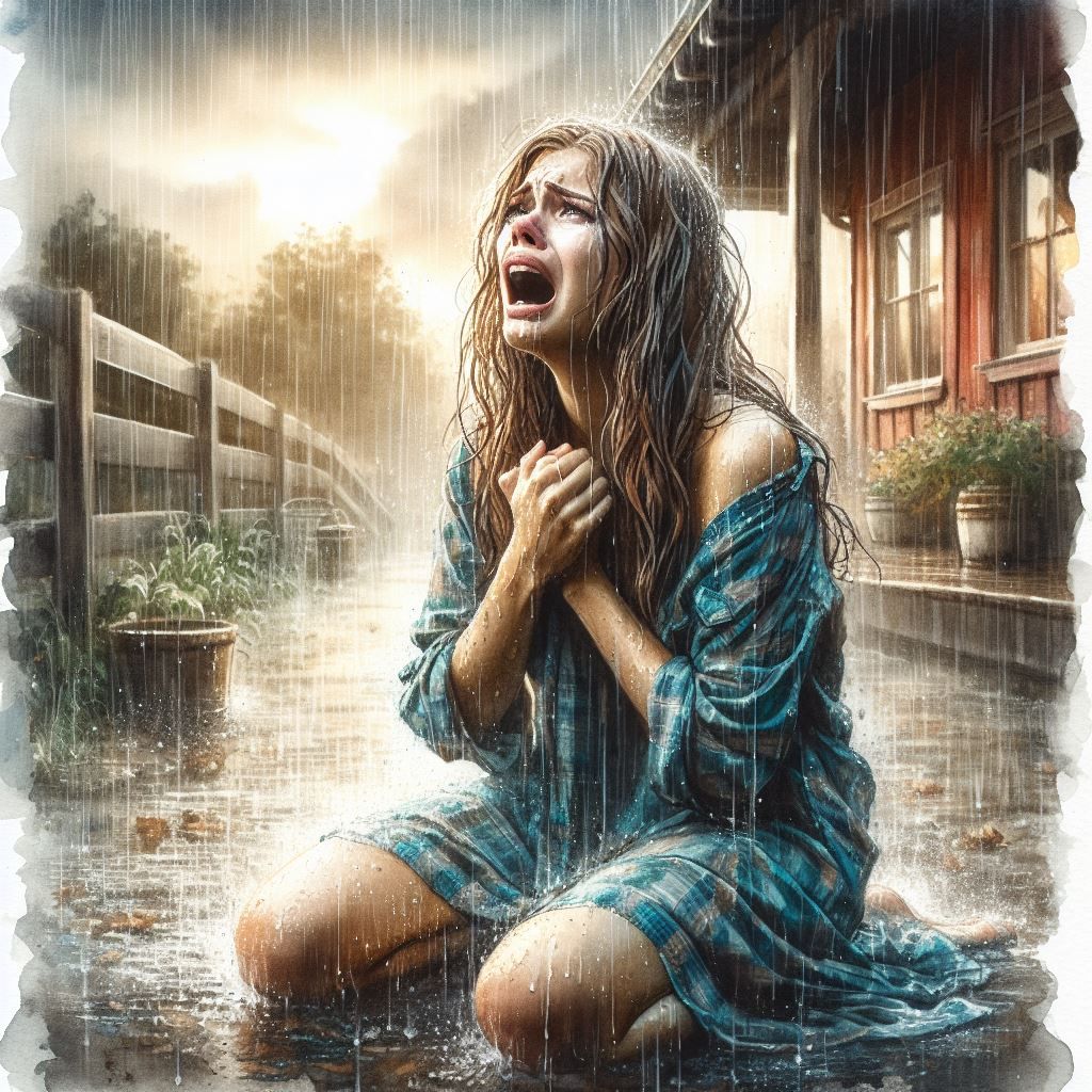 The rain couldn't wash away her sorrow; it only mirrored her tears, amplifying her cries of despair."