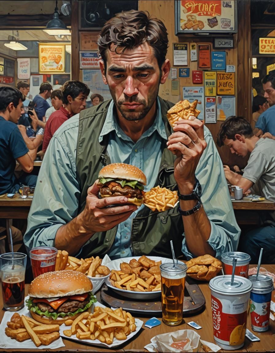 Man eating junk food while watching mobile in one hand