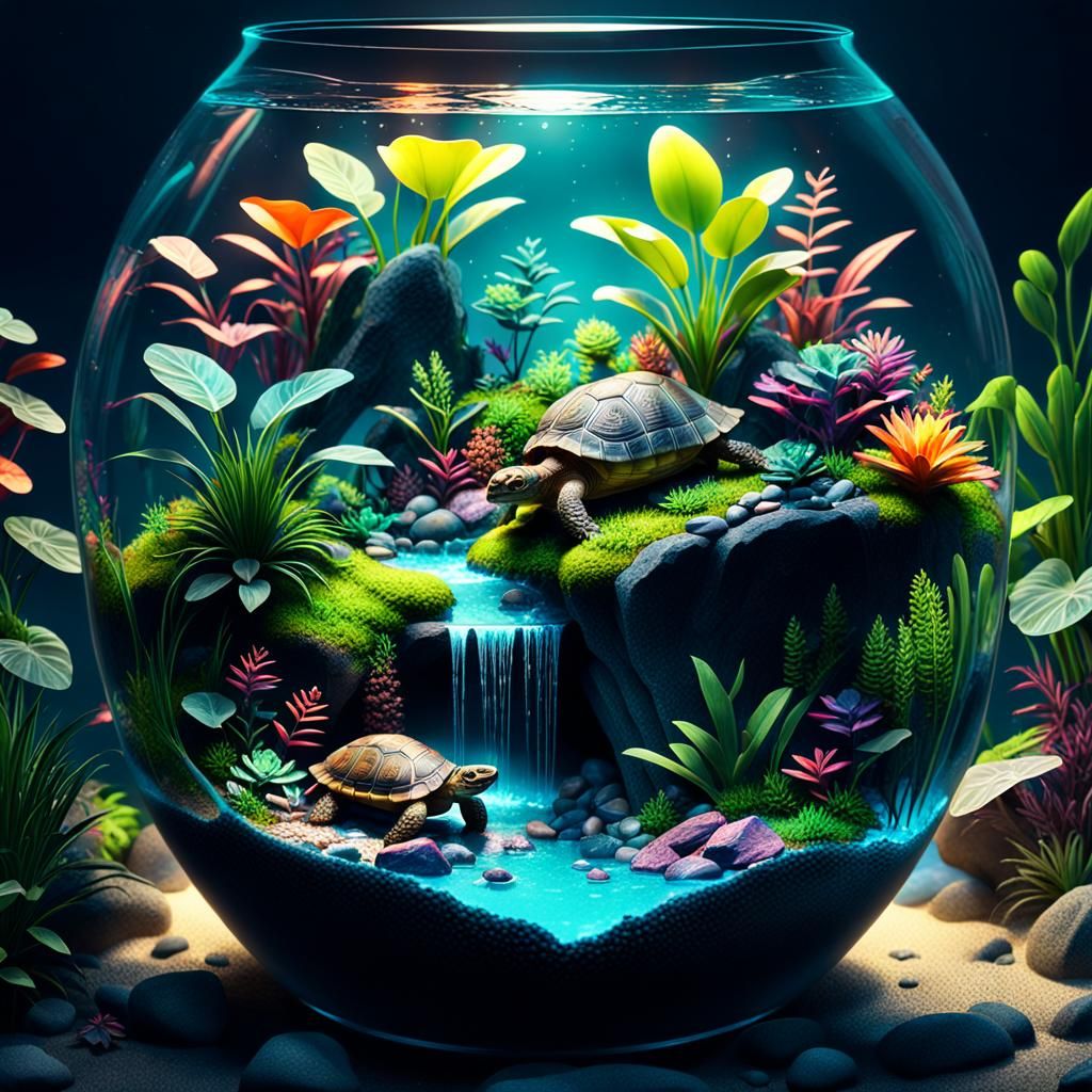Terrarium with a fluorescent light on top. Full of colorful plants and colorful rocks on the bottom filled ...  by @Tara