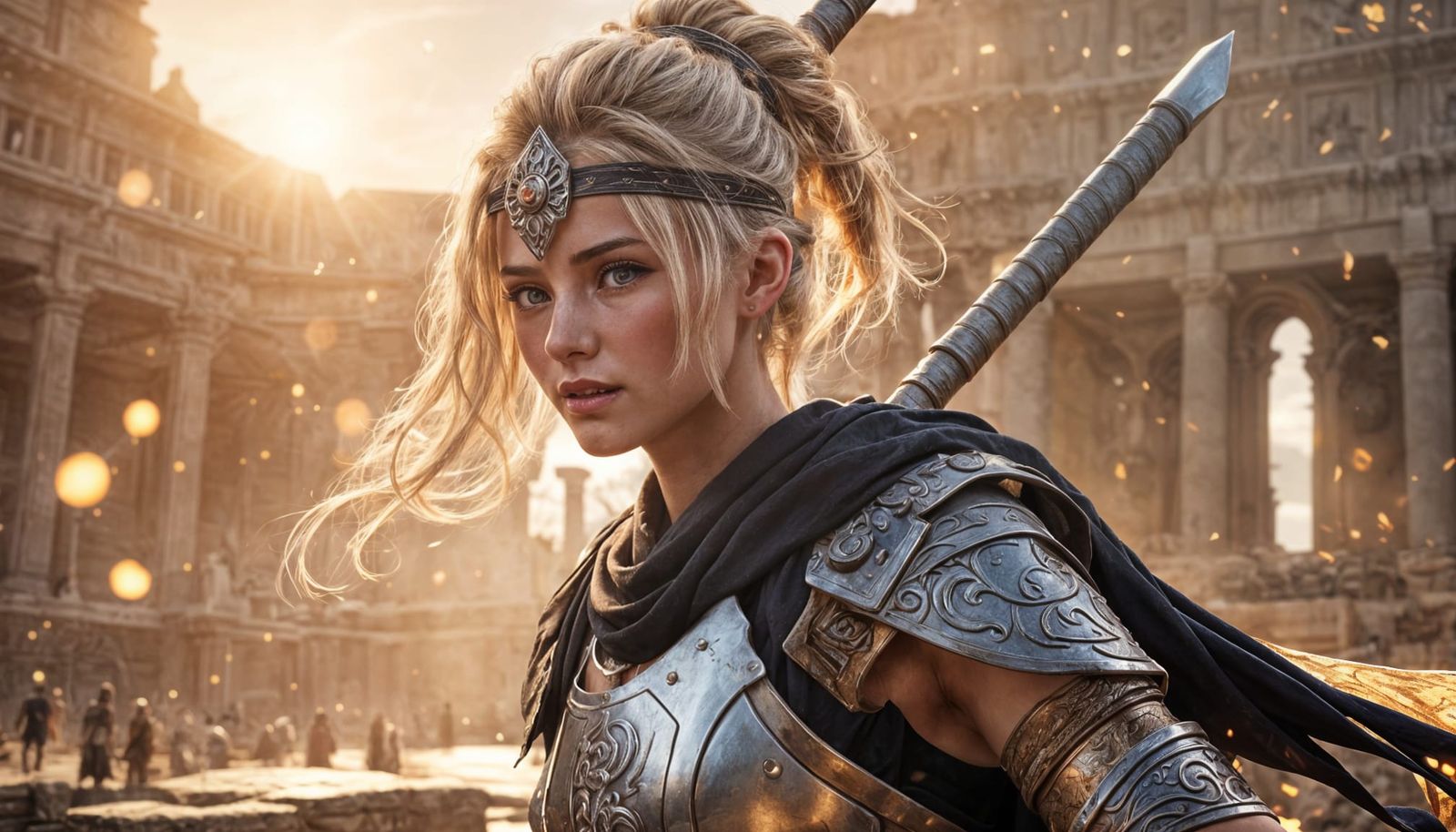 Confident Gladiator in Ancient Roman Arena with Golden Sunse...