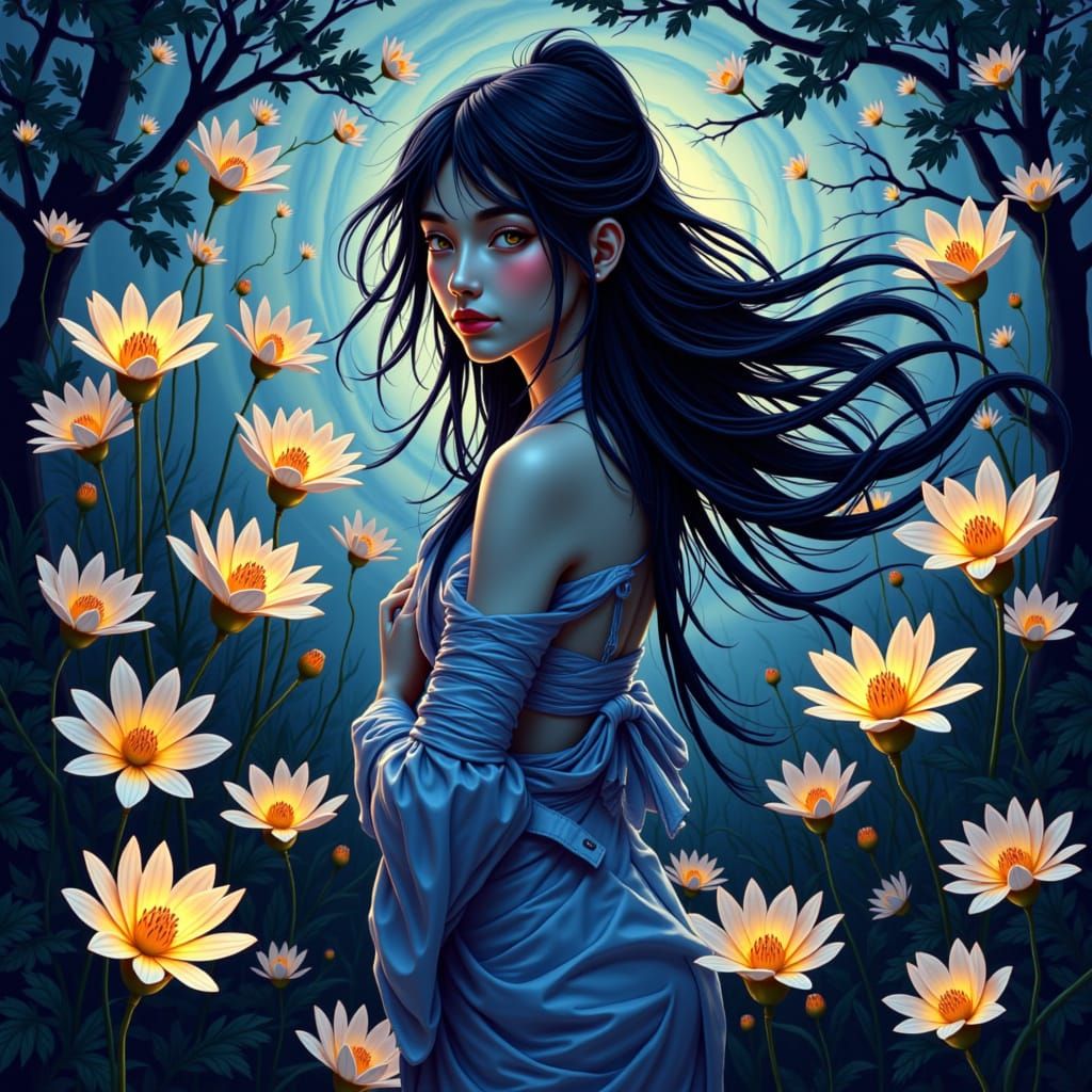 A young woman with flowing hair stands in a field of glowing, bioluminescent flowers, her face lit by the ethereal glow. The background is a...