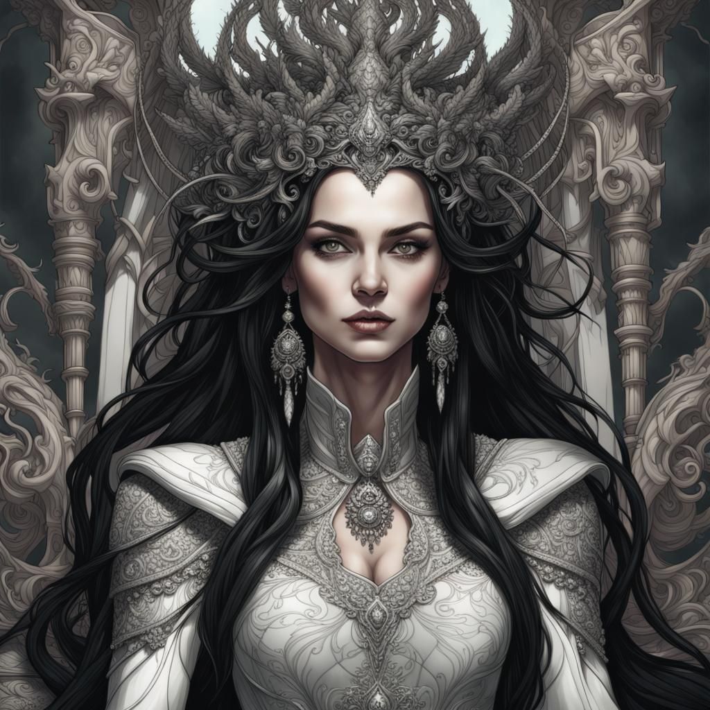 Insanely detailed Line Art, beautiful goddess Hel with long black hair ...