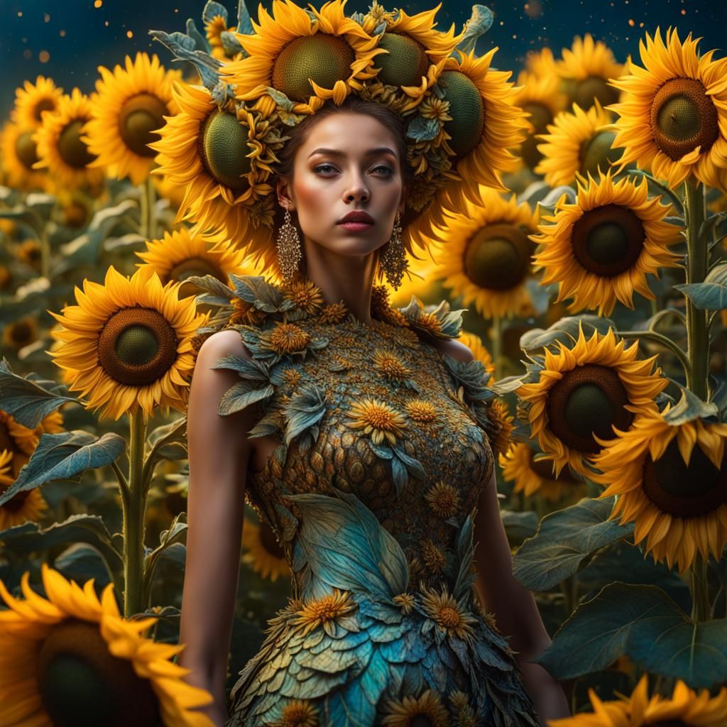 Fantasy fashion model, sunflower fashion dress, in a field of sunflower  by @ReeNee