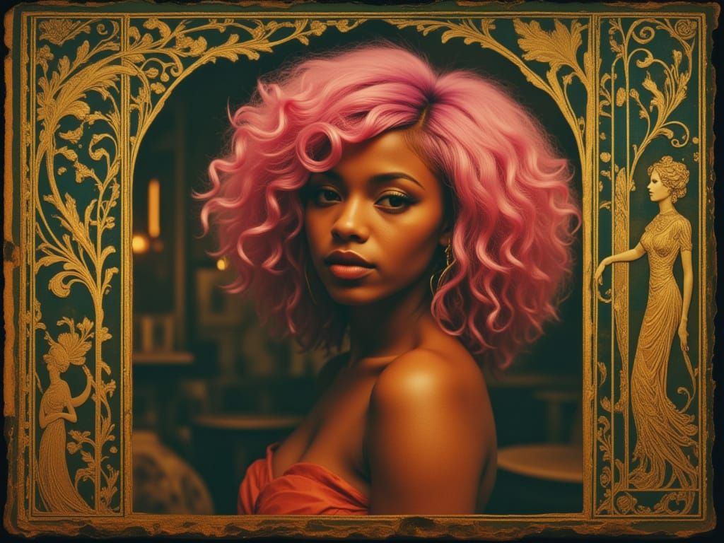 SEDUCTIVE BLACK WOMAN, FLOWING PINK HAIR, NEW YORK CITY, stylized portraiture, ornate gilded filigree frame, aged photo in the style of Aura...