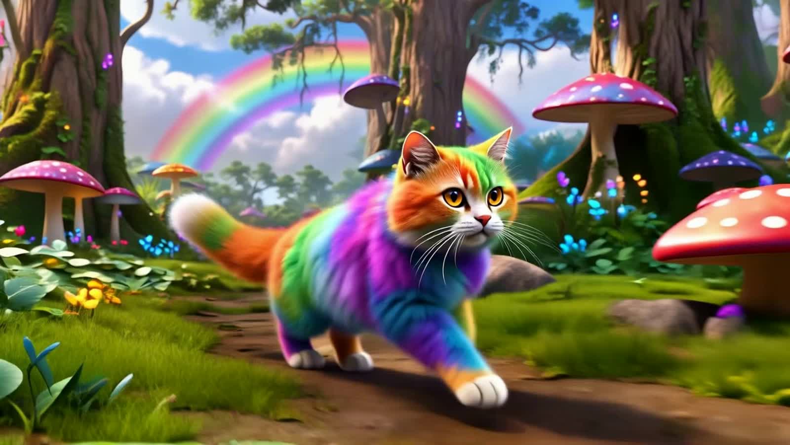 rainbow gemstone cat running through a rainbow surreal forest