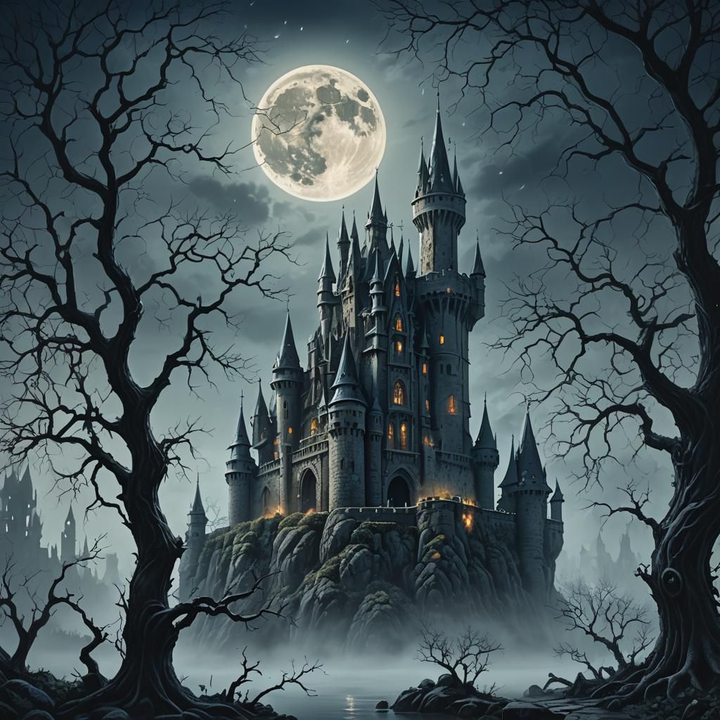  intricate drawing of a medieval gothic castle shrouded in fog and moonlight.  by @CFB