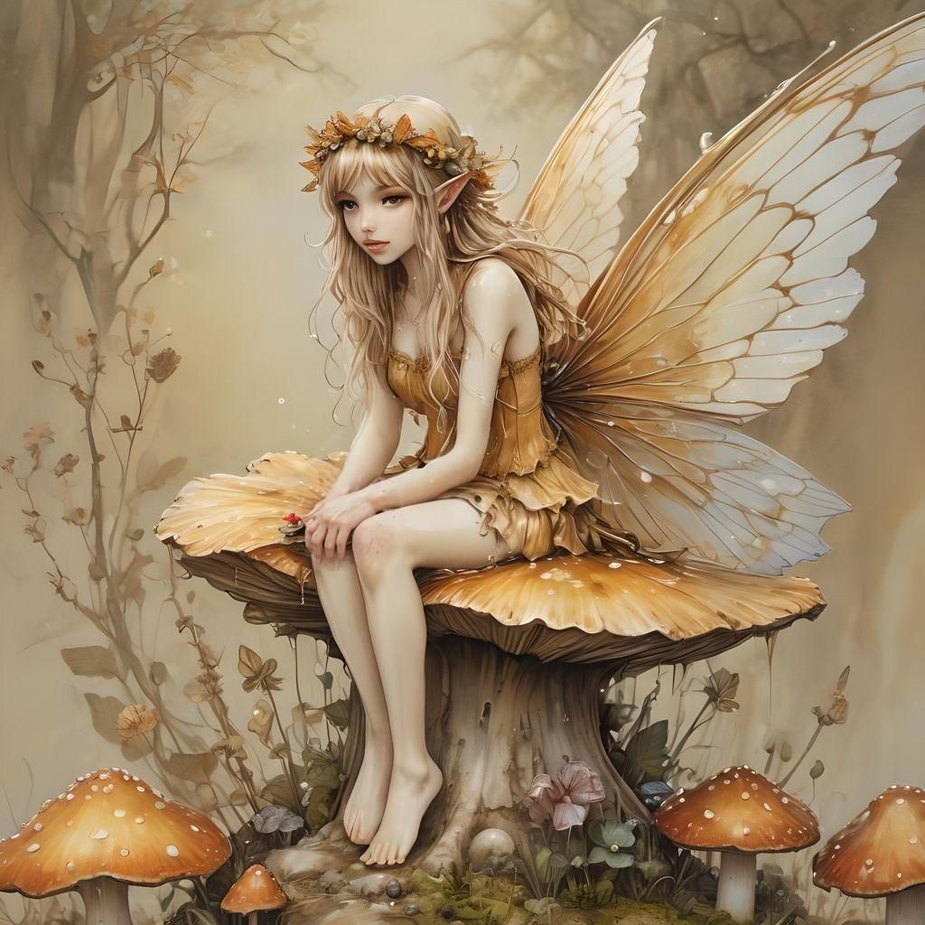 A coloured ink art image of a fairy sat on top on a toadstool