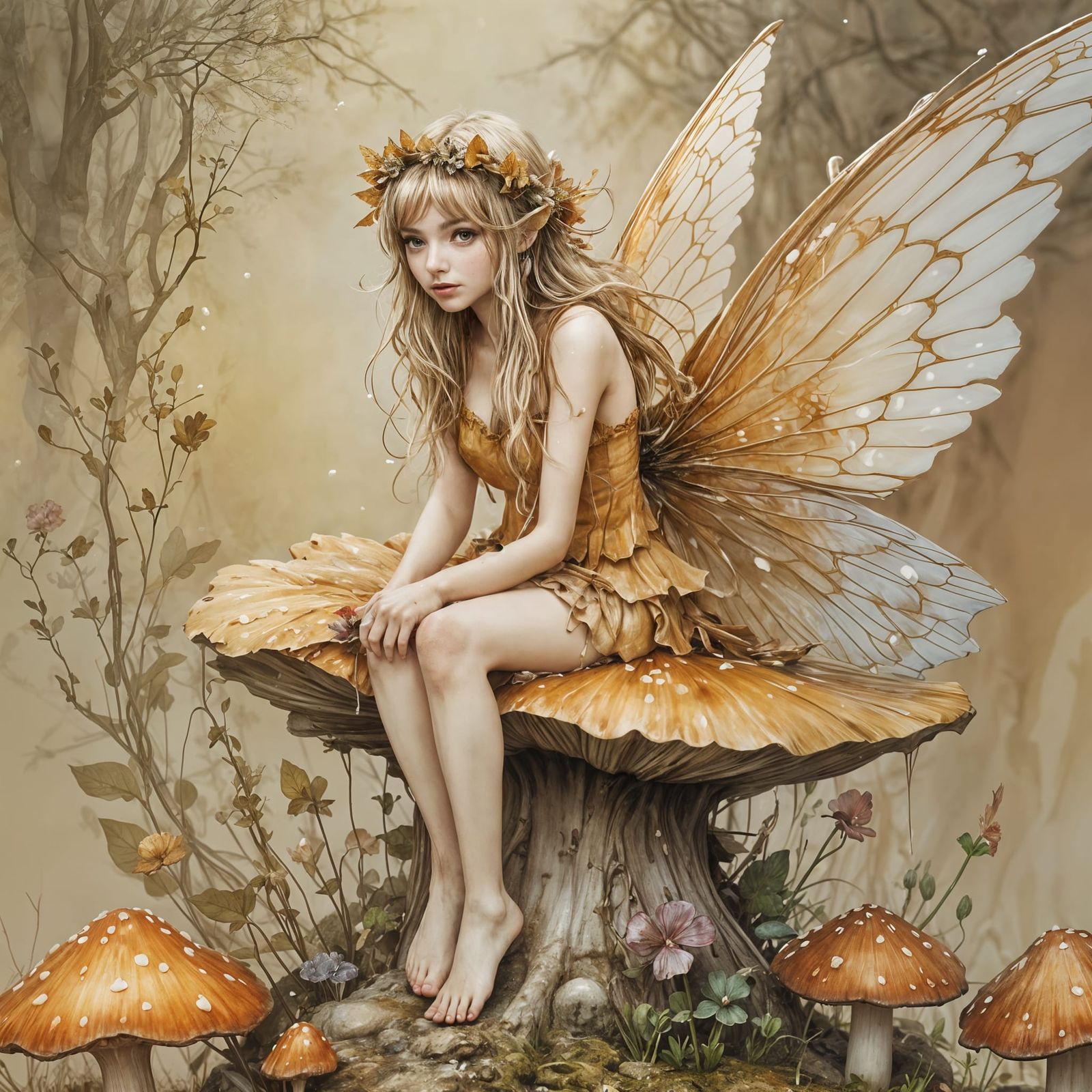 A coloured ink art image of a fairy sat on top on a toadstool  by @Vix