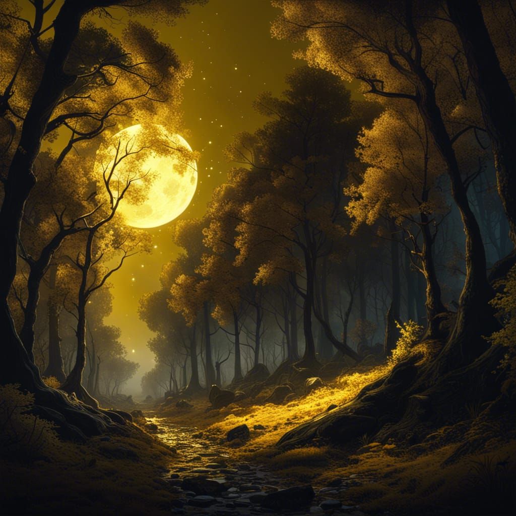 A forest at night, full moon, yellow sky  by @Metuxa