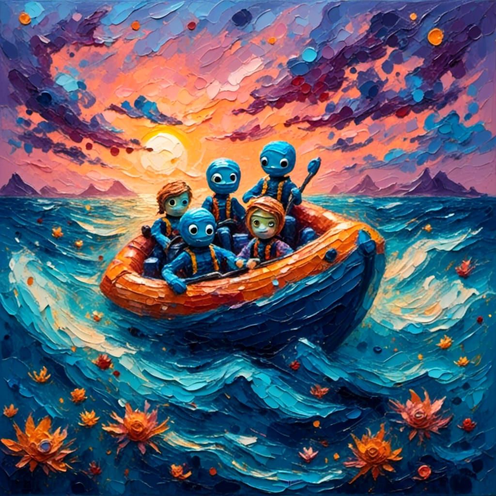 <lora:Textured-Impasto:1.0> Cute aliens are sitting inside an inflatable life boat. Floating on the ocean at sunset. Hyperealistic.