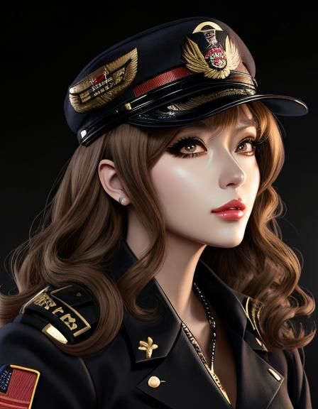 young woman, curled hair, millitary uniform, black sunglasses, cap, by ...