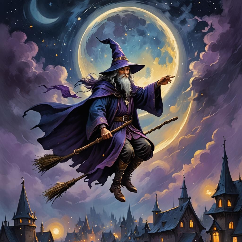 Wizard on Broomstick Against Moon, Magical Concept Art