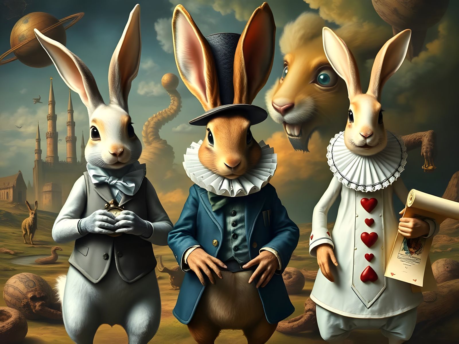 Surreal White Rabbit, March Hare, and Herald Rabbit from Alice in Wonderland  by @Gary Murakami