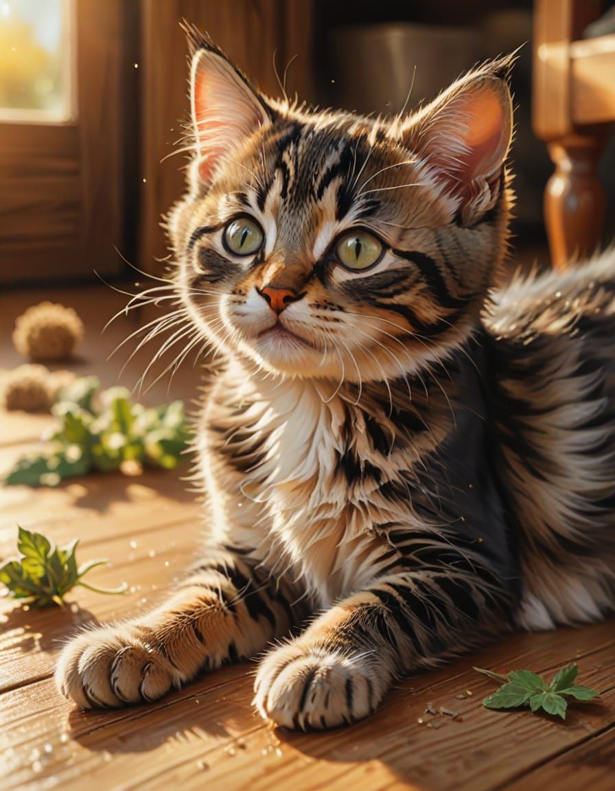 A cute kitten playing with its catnip on the floor on a sunny day. 