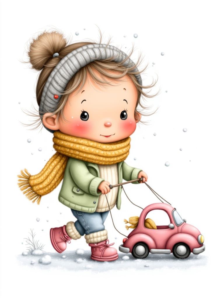 Full body sweet Little Girl, wearing a knitted scarf, gently pulling a Car, clean and crisp lines, isolated on a white background <lora:EWS ...