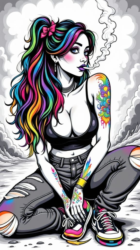 Rebellious Woman in Grayscale Ink with Rainbow Accents