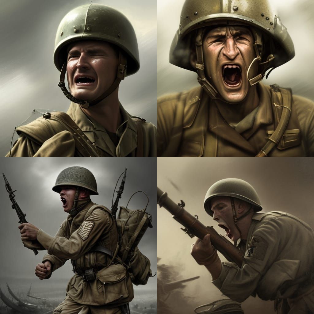 WW2 infantry captain shouting his soldiers to motivate and fight to the ...