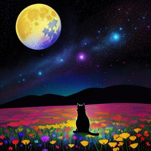 Vibrant Fauvist Cat in Starry Floral Field