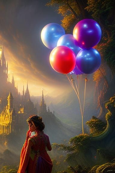 Woman and baby with bunch of balloons, intricately detailed ...